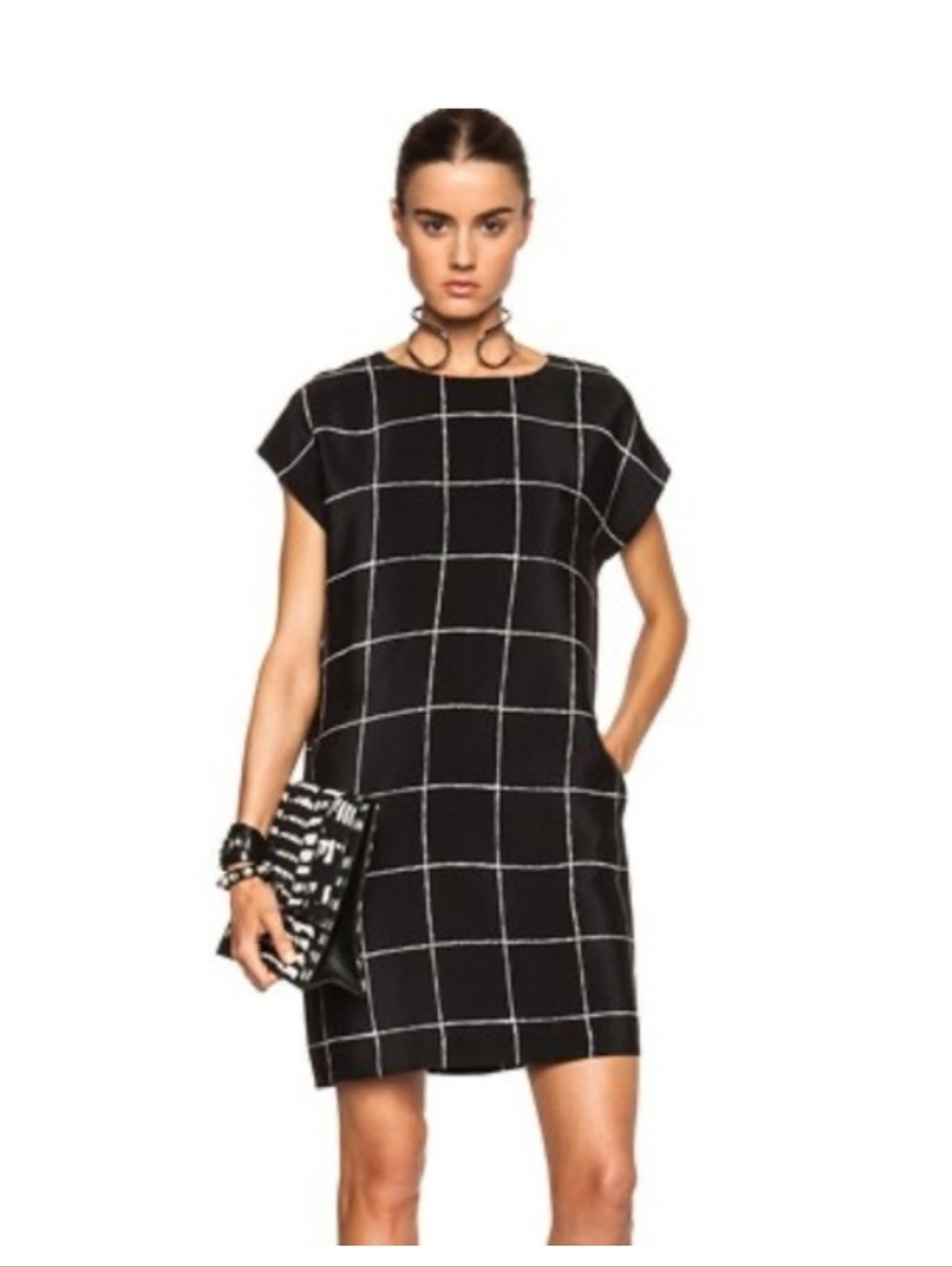 Vince 100% Silk Black Windowpane Shift Dress Minimalist Cap Sleeve Luxe